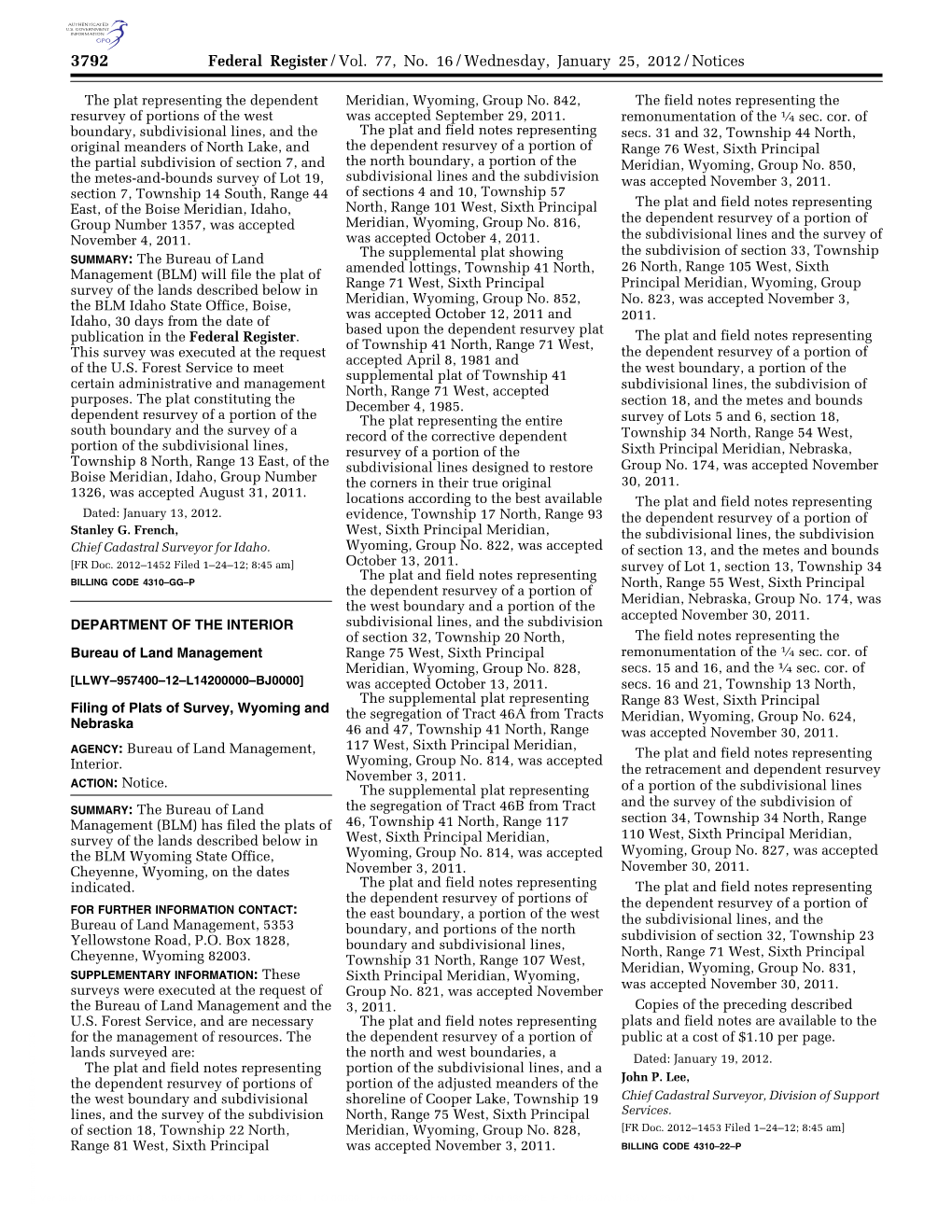 Federal Register/Vol. 77, No. 16/Wednesday, January 25, 2012