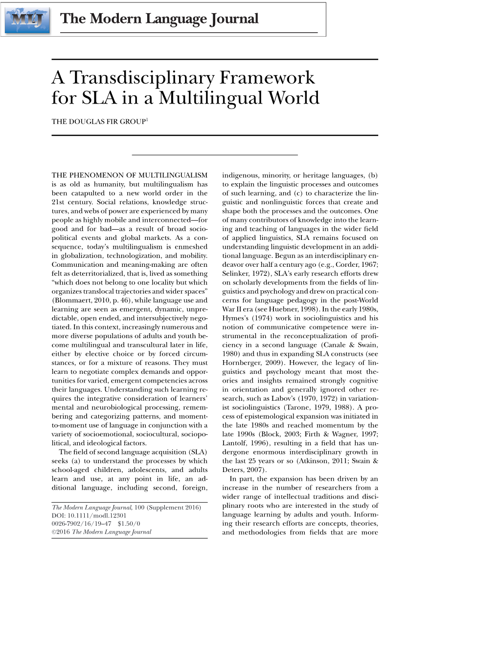 A Transdisciplinary Framework for SLA in a Multilingual World