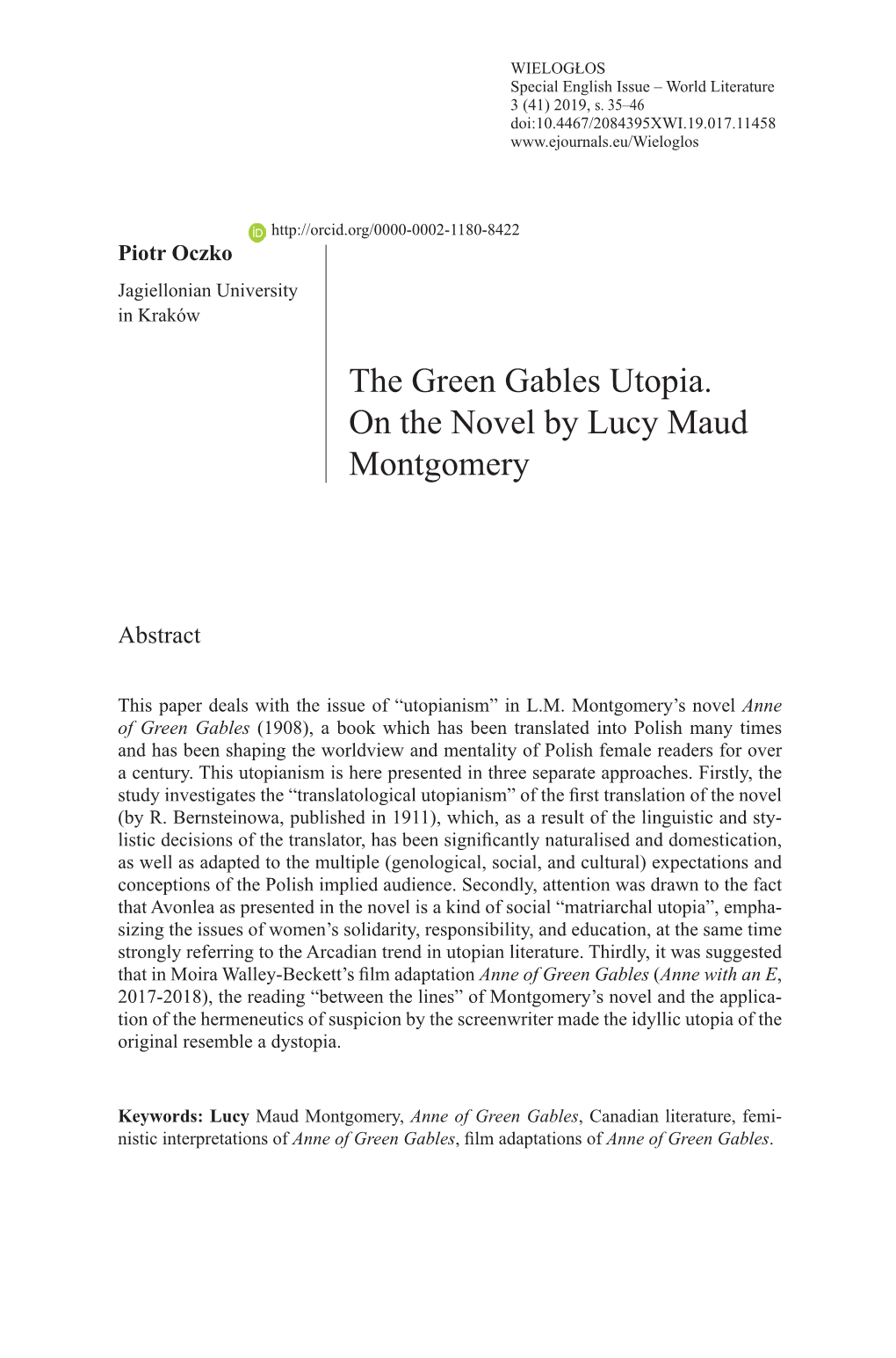 The Green Gables Utopia. on the Novel by Lucy Maud Montgomery