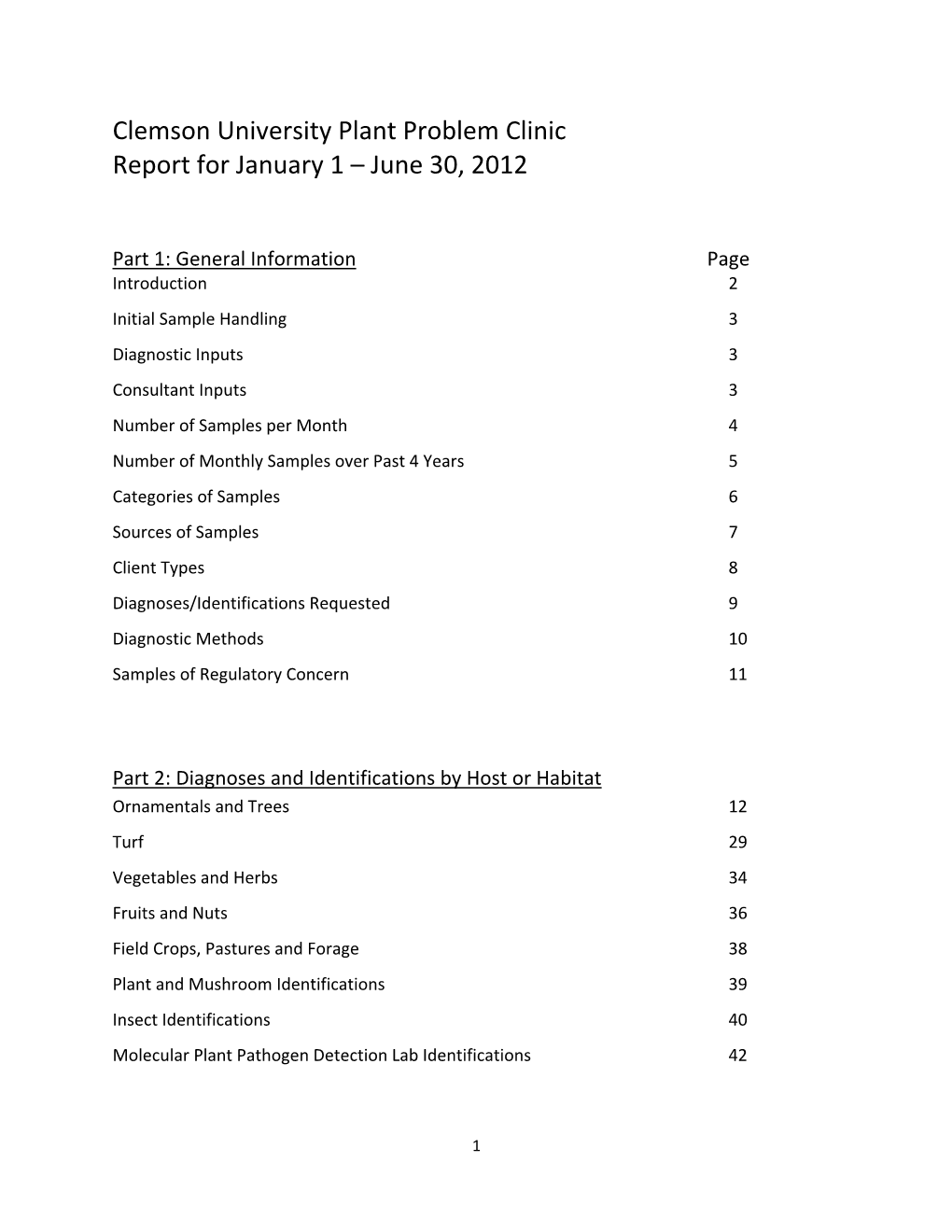 Clemson University Plant Problem Clinic Report for January 1 – June 30, 2012