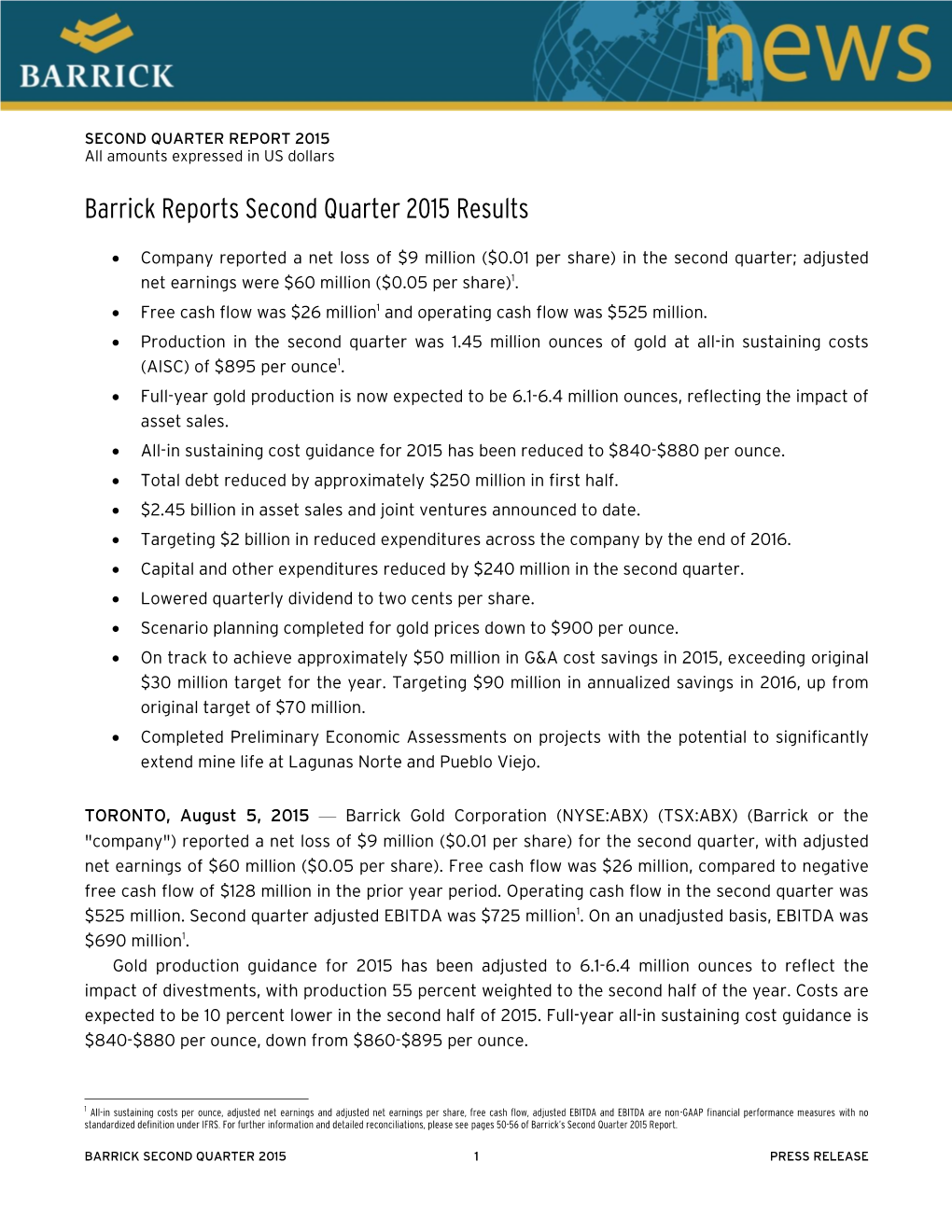 Barrick Reports Second Quarter 2015 Results