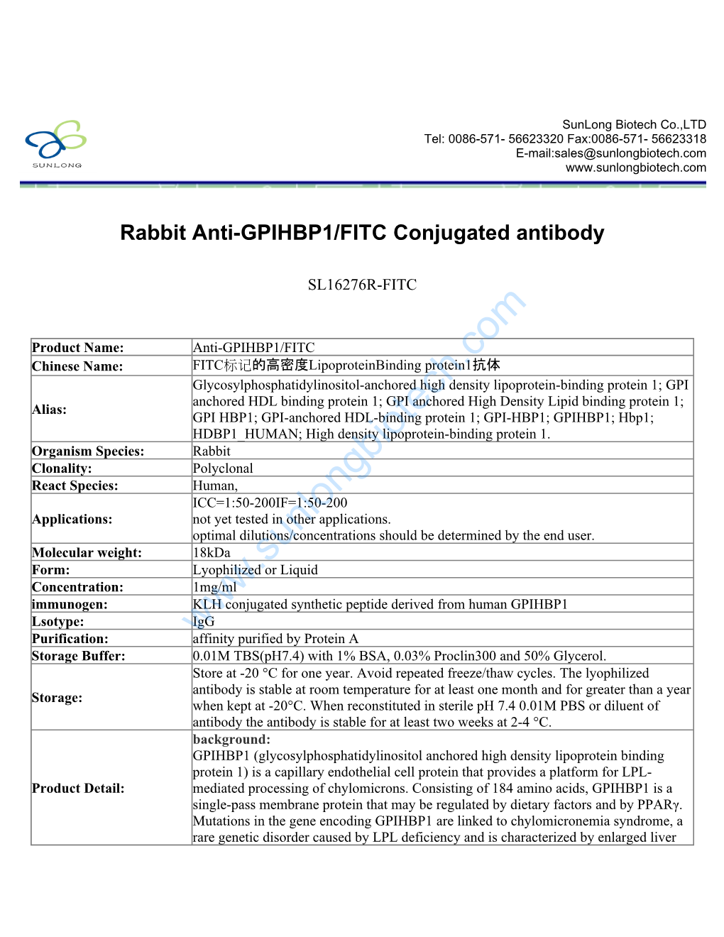 Rabbit Anti-GPIHBP1/FITC Conjugated Antibody-SL16276R