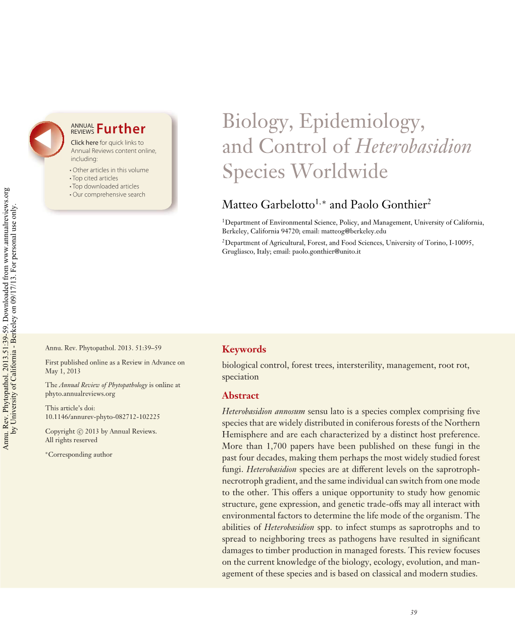 Biology, Epidemiology, and Control of Heterobasidion Species Worldwide