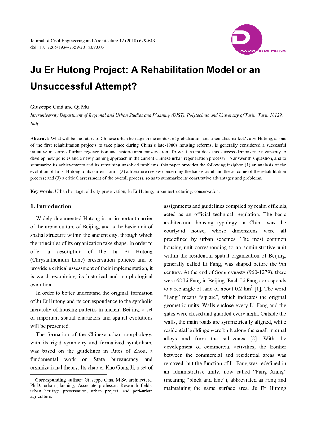 Ju Er Hutong Project: a Rehabilitation Model Or an Unsuccessful Attempt?