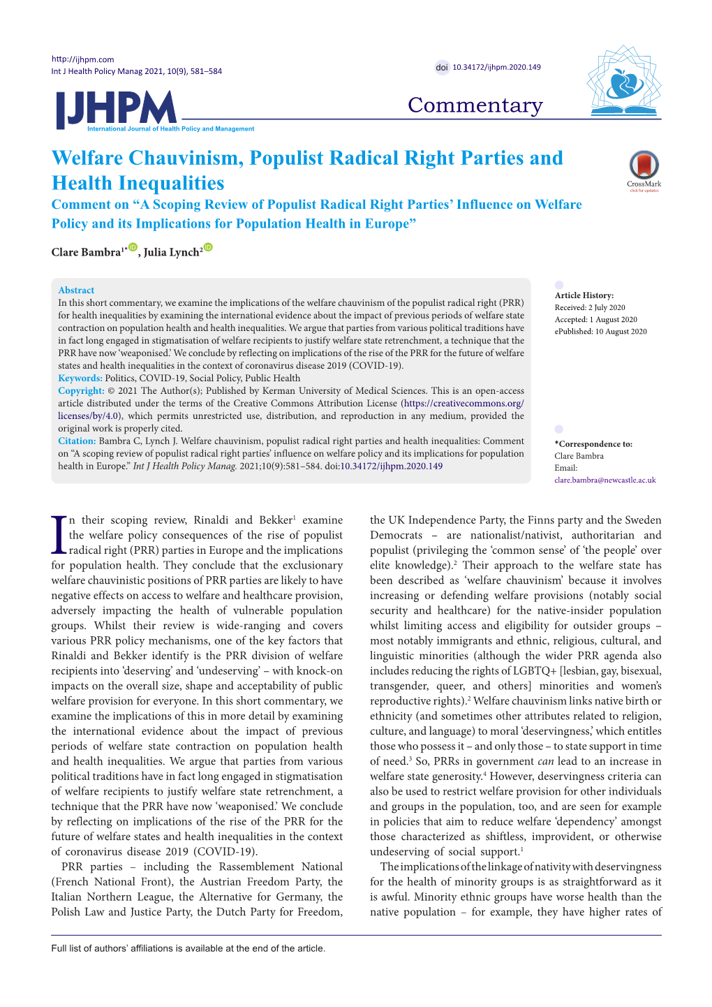 A Scoping Review of Populist Radical Right Parties’ Influence on Welfare Policy and Its Implications for Population Health in Europe”