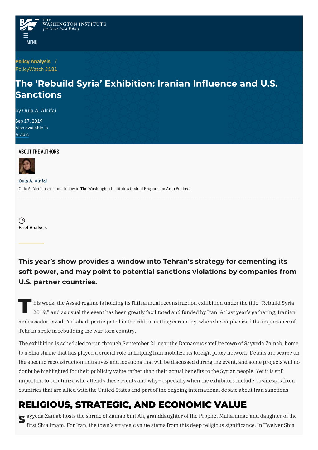 Rebuild Syria’ Exhibition: Iranian Influence and U.S