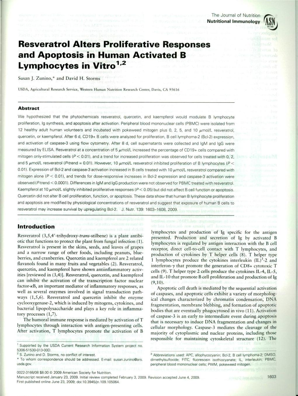 Resveratrol Alters Proliferative Responses and Apoptosis in Human Activated B Lymphocytes in Vitro1'2