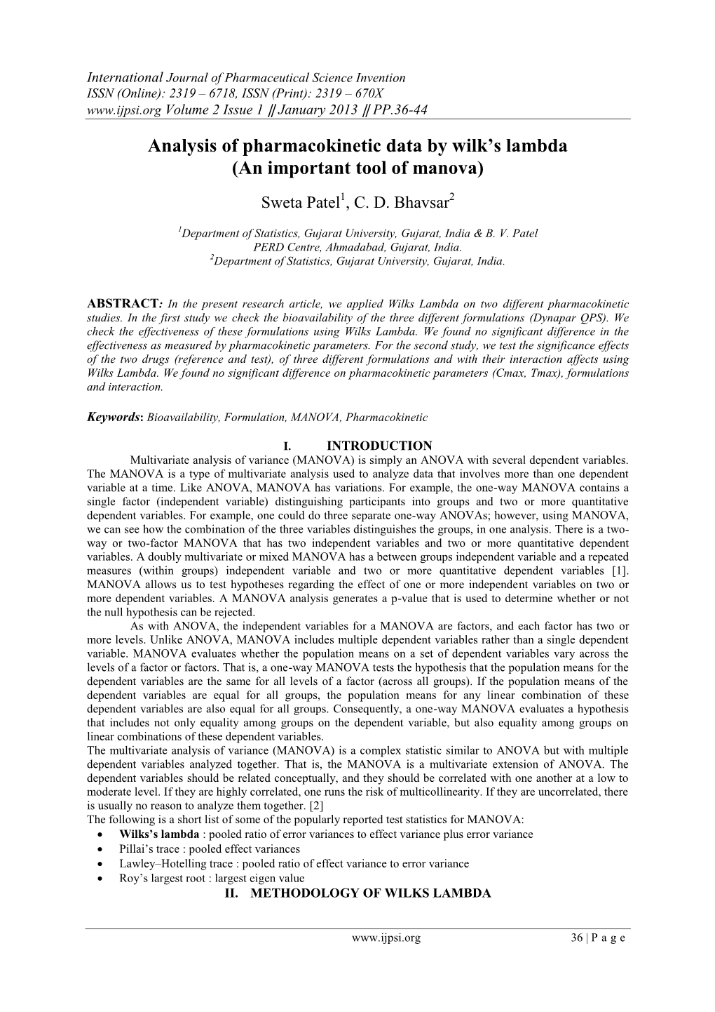 Analysis of Pharmacokinetic Data by Wilk's Lambda