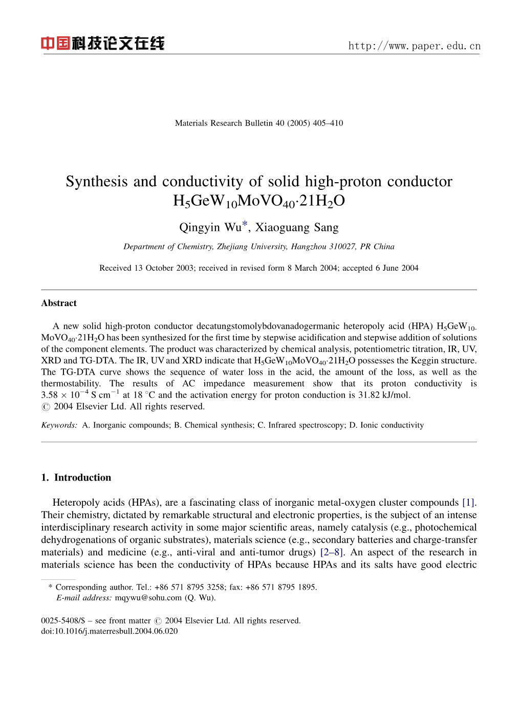 Synthesis and Conductivity of Solid High-Proton Conductor