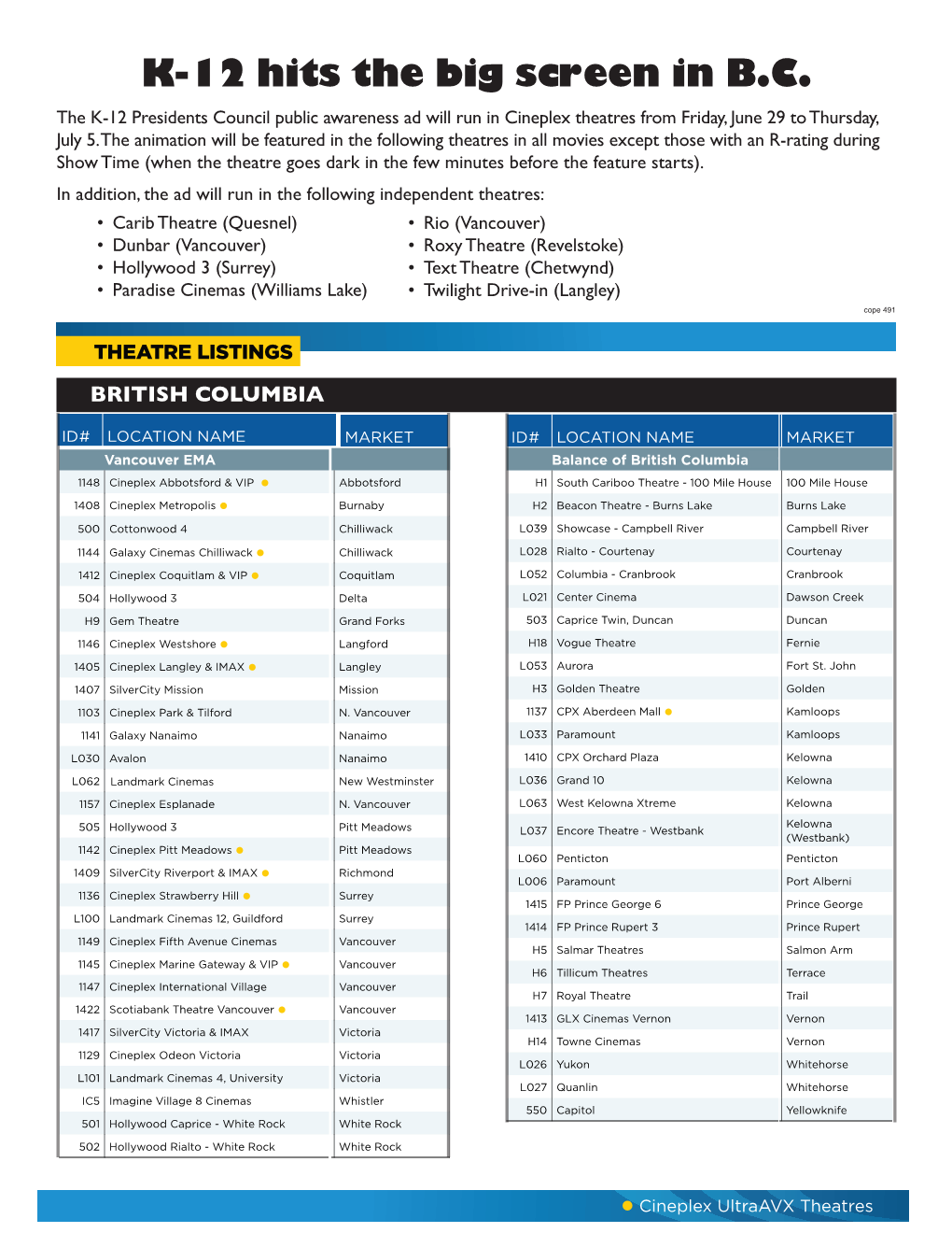 K-12 Cineplex Schedule June 29 to July 5