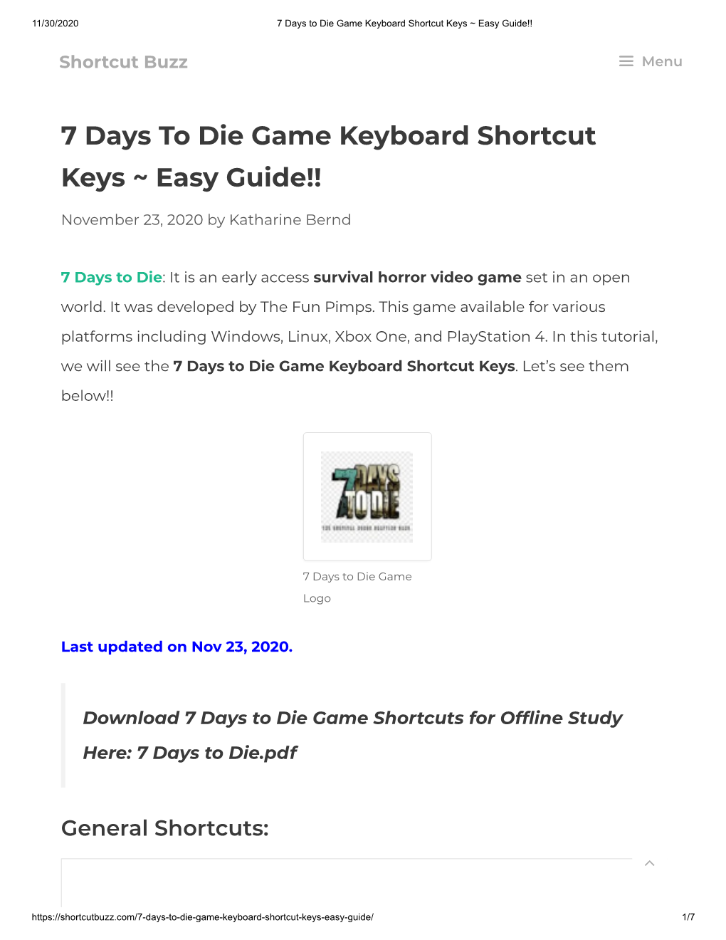 7 Days to Die Game Keyboard Shortcut Keys ~ Easy Guide!!