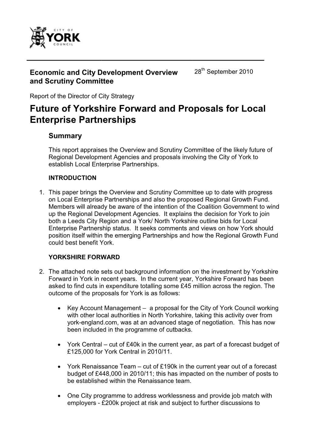 Future of Yorkshire Forward and Proposals for Local Enterprise Partnerships