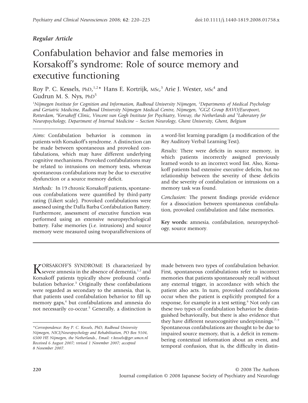 Confabulation Behavior and False Memories in Korsakoff's Syndrome: Role of Source Memory and Executive Functioning