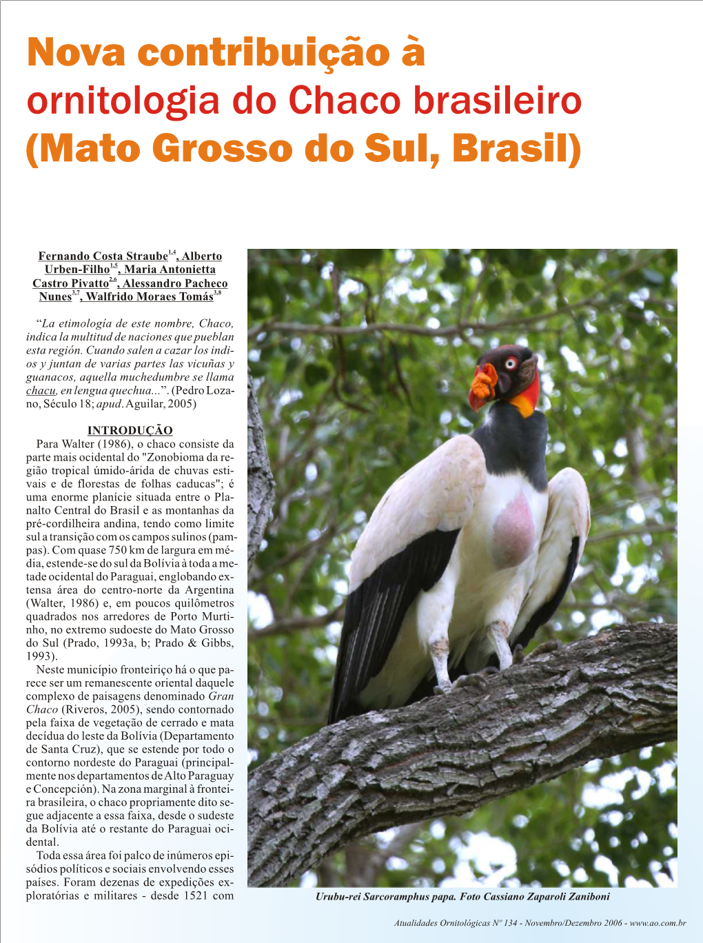 Nova Contribuição À Ornitologia Do Chaco Brasileiro (Mato Grosso Do Sul, Brasil)