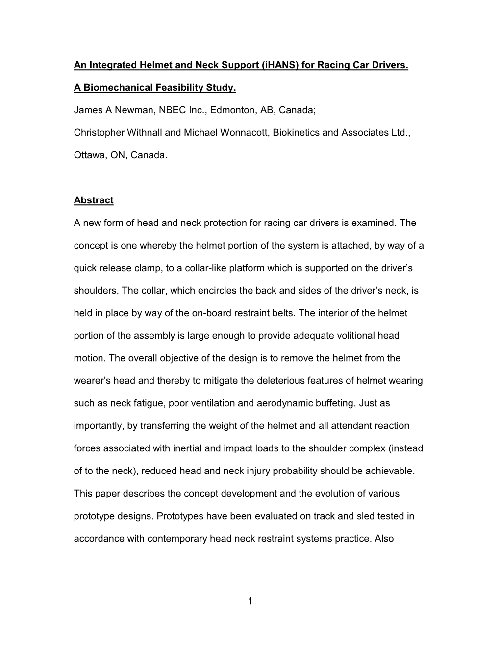 An Integrated Helmet and Neck Support (Ihans) for Racing Car Drivers