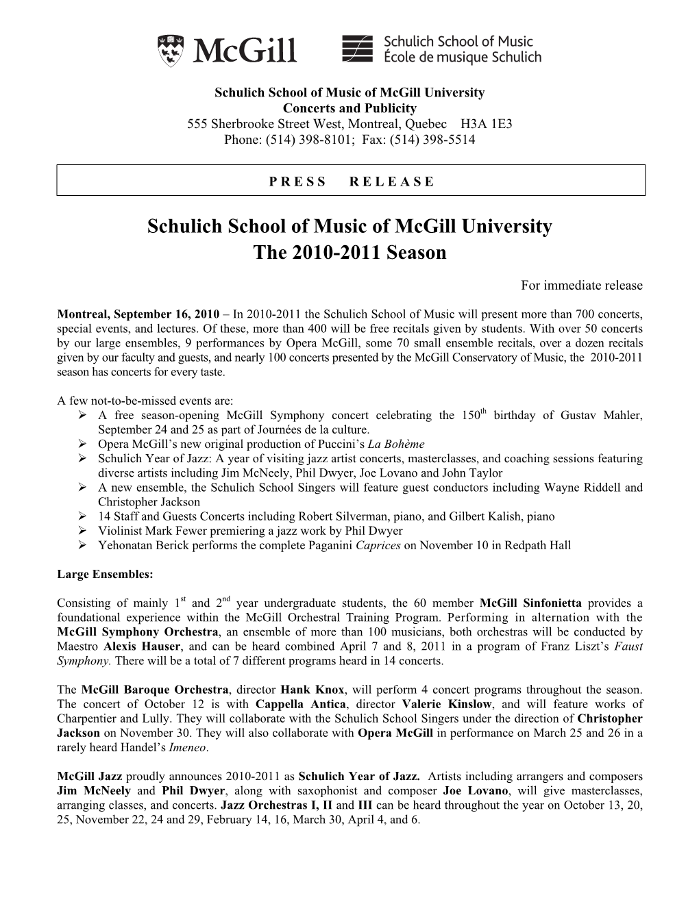 Schulich School of Music of Mcgill University the 2010-2011 Season