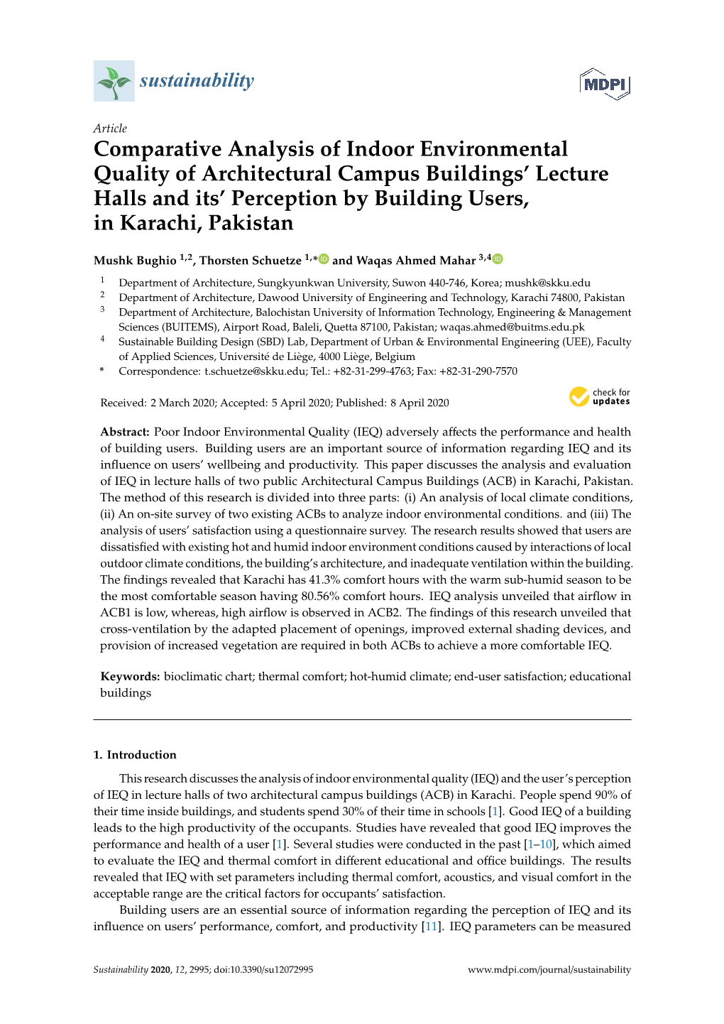 Comparative Analysis of Indoor Environmental Quality of Architectural Campus Buildings’ Lecture Halls and Its’ Perception by Building Users, in Karachi, Pakistan