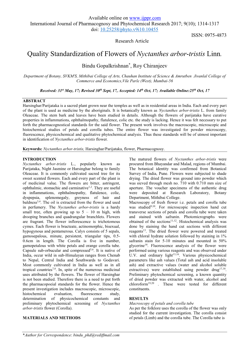 Quality Standardization of Flowers of Nyctanthes Arbor -Tristis Linn