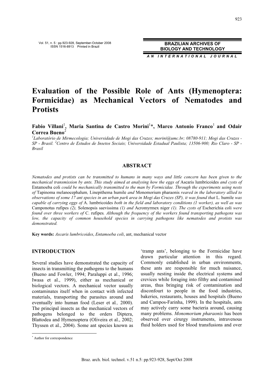 Hymenoptera: Formicidae) As Mechanical Vectors of Nematodes and Protists