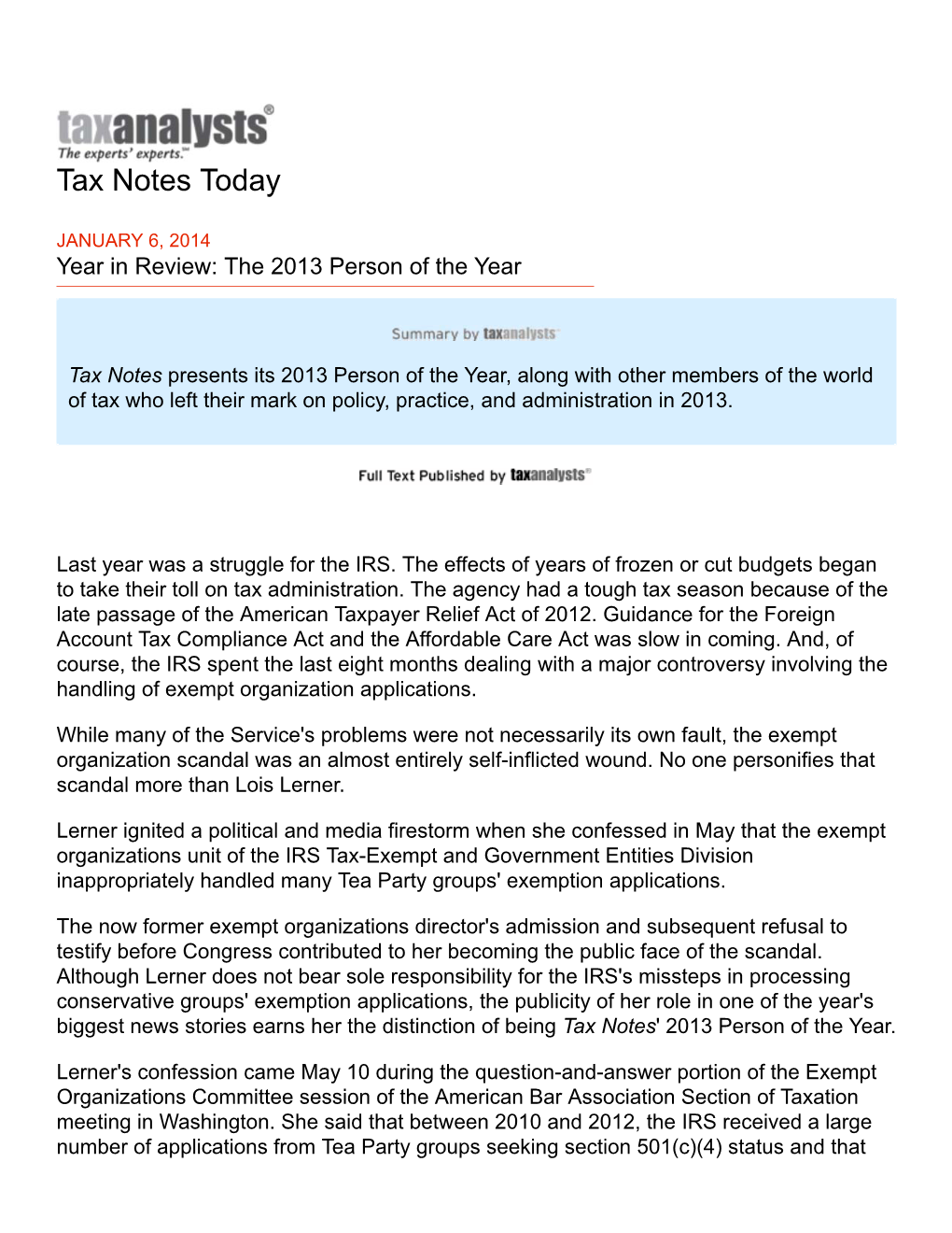 The 2013 Tax Person of the Year: Lois Lerner