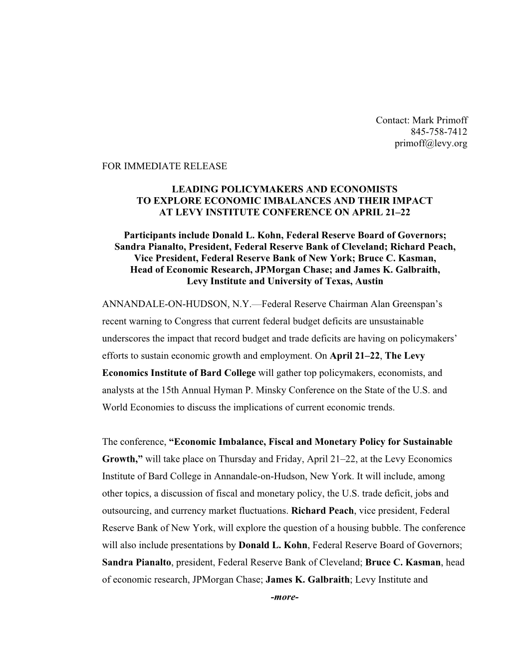 Leading Policymakers and Economists to Explore Economic Imbalances and Their Impact at Levy Institute Conference on April 21–22