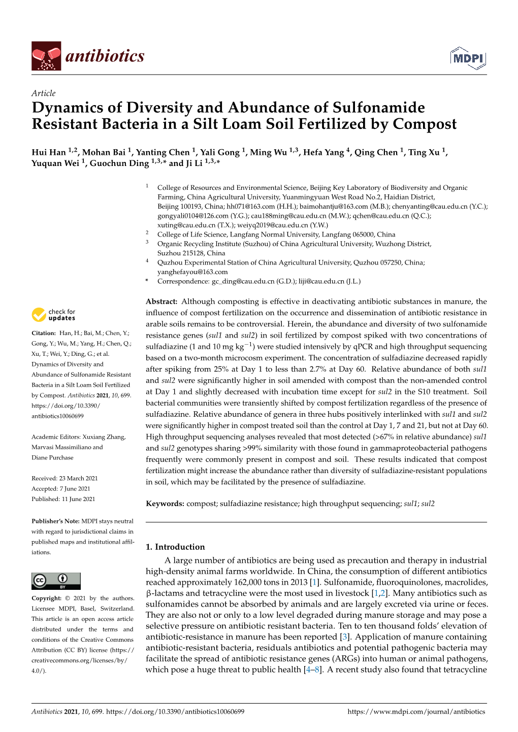 Dynamics of Diversity and Abundance of Sulfonamide Resistant Bacteria in a Silt Loam Soil Fertilized by Compost
