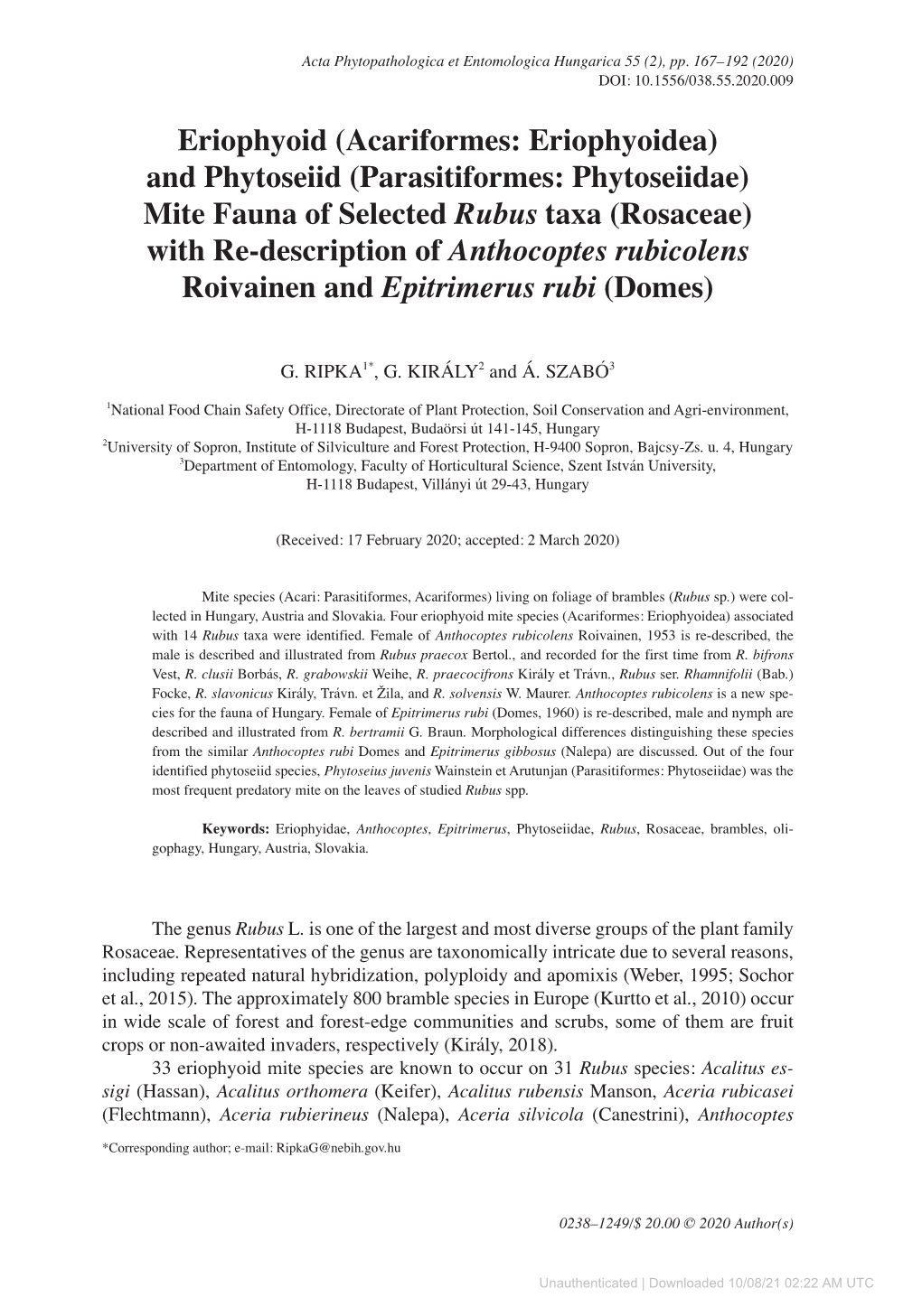 Eriophyoid (Acariformes: Eriophyoidea) and Phytoseiid (Parasitiformes: Phytoseiidae) Mite Fauna of Selected Rubus Taxa (Rosace