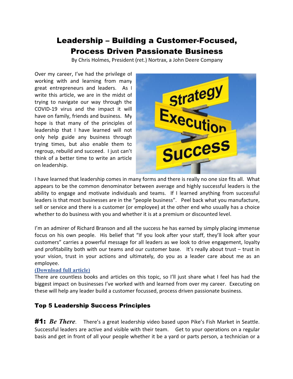 Leadership – Building a Customer-Focused, Process Driven Passionate Business by Chris Holmes, President (Ret.) Nortrax, a John Deere Company