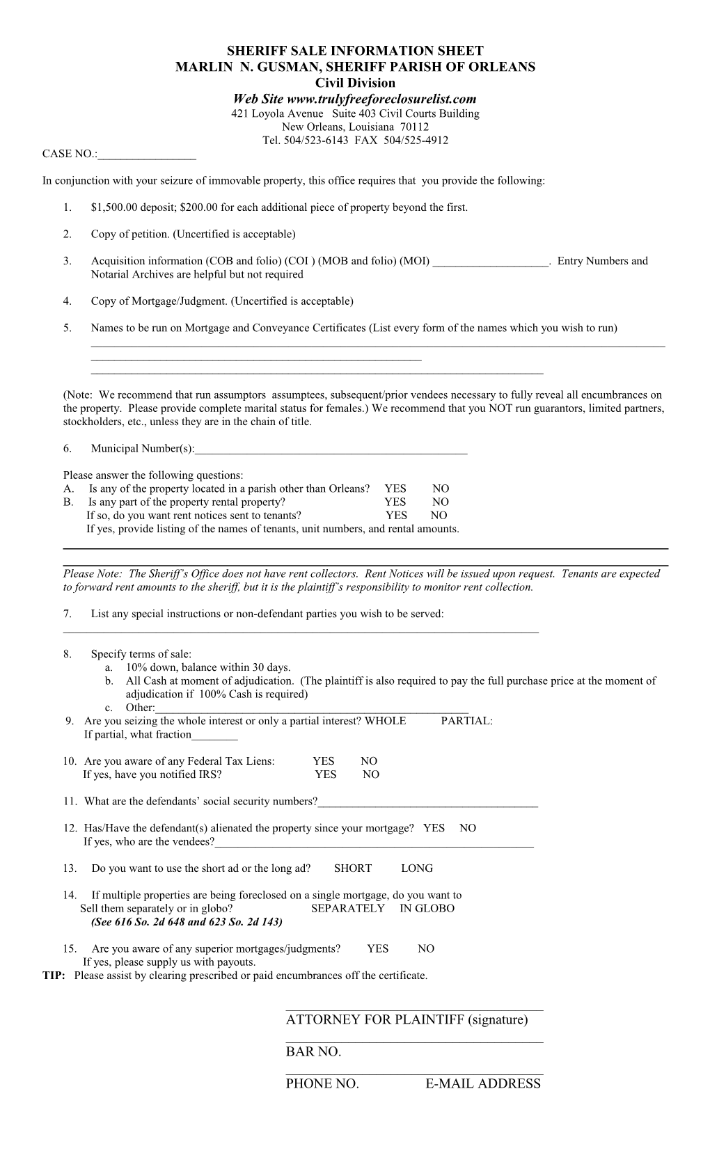 Sheriff Sale Information Sheet