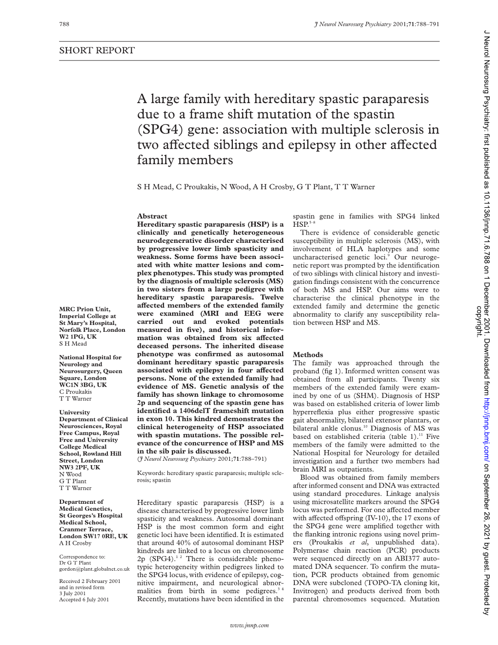 Gene: Association with Multiple Sclerosis in Two Avected Siblings and Epilepsy in Other Avected Family Members