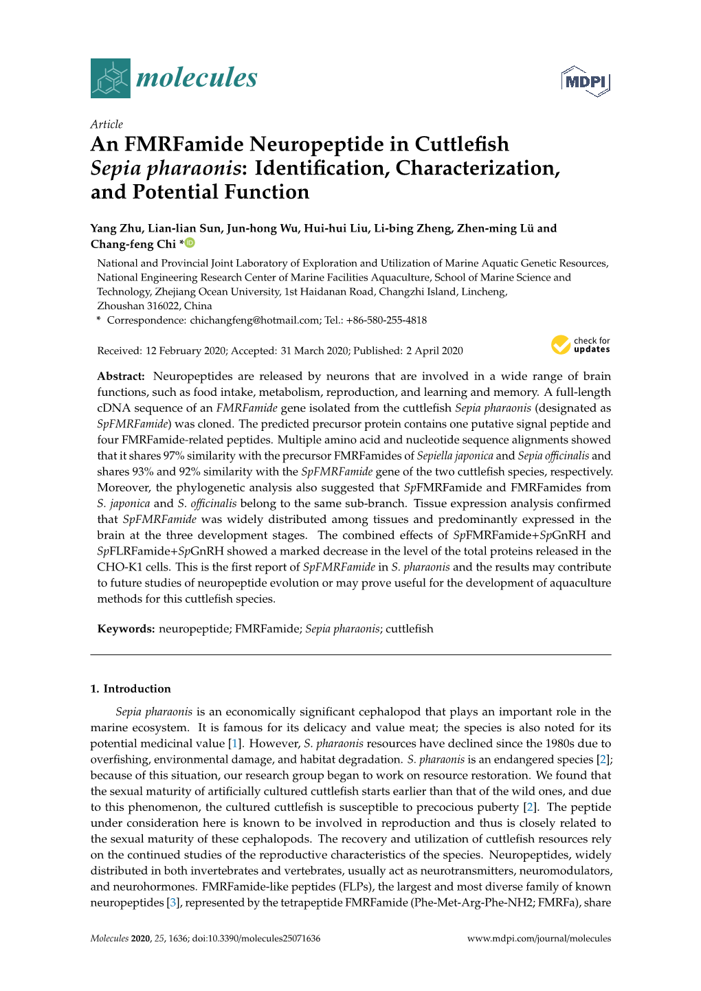 An Fmrfamide Neuropeptide in Cuttlefish Sepia