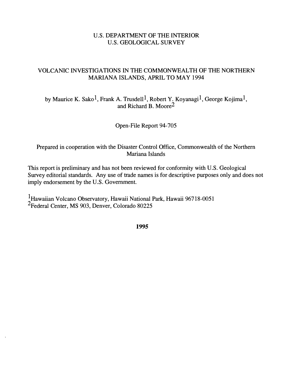 Volcanic Investigations in the Commonwealth of the Northern Mariana Islands, April to May 1994