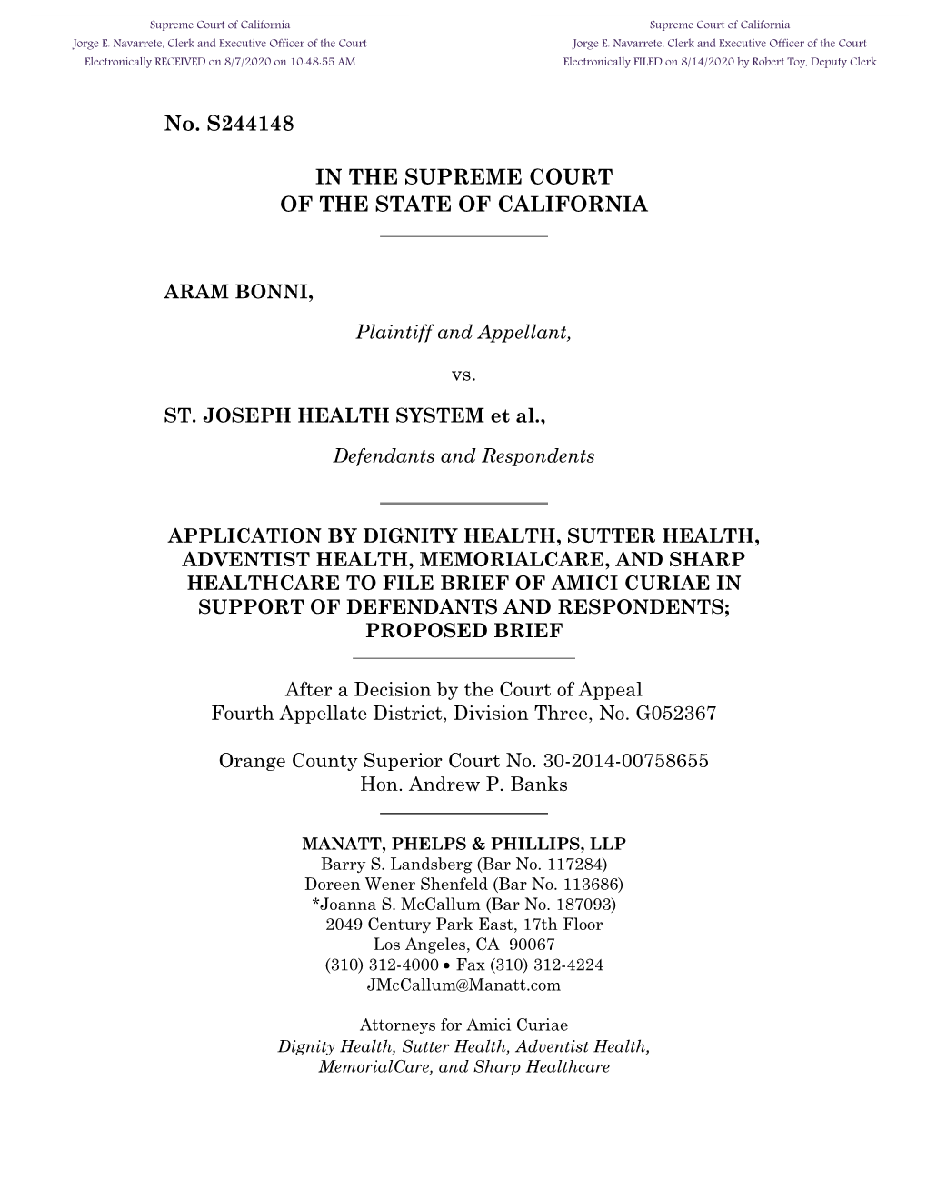 Amicus Curiae Brief of Dignity Health, Sutter Health, Adventist Health