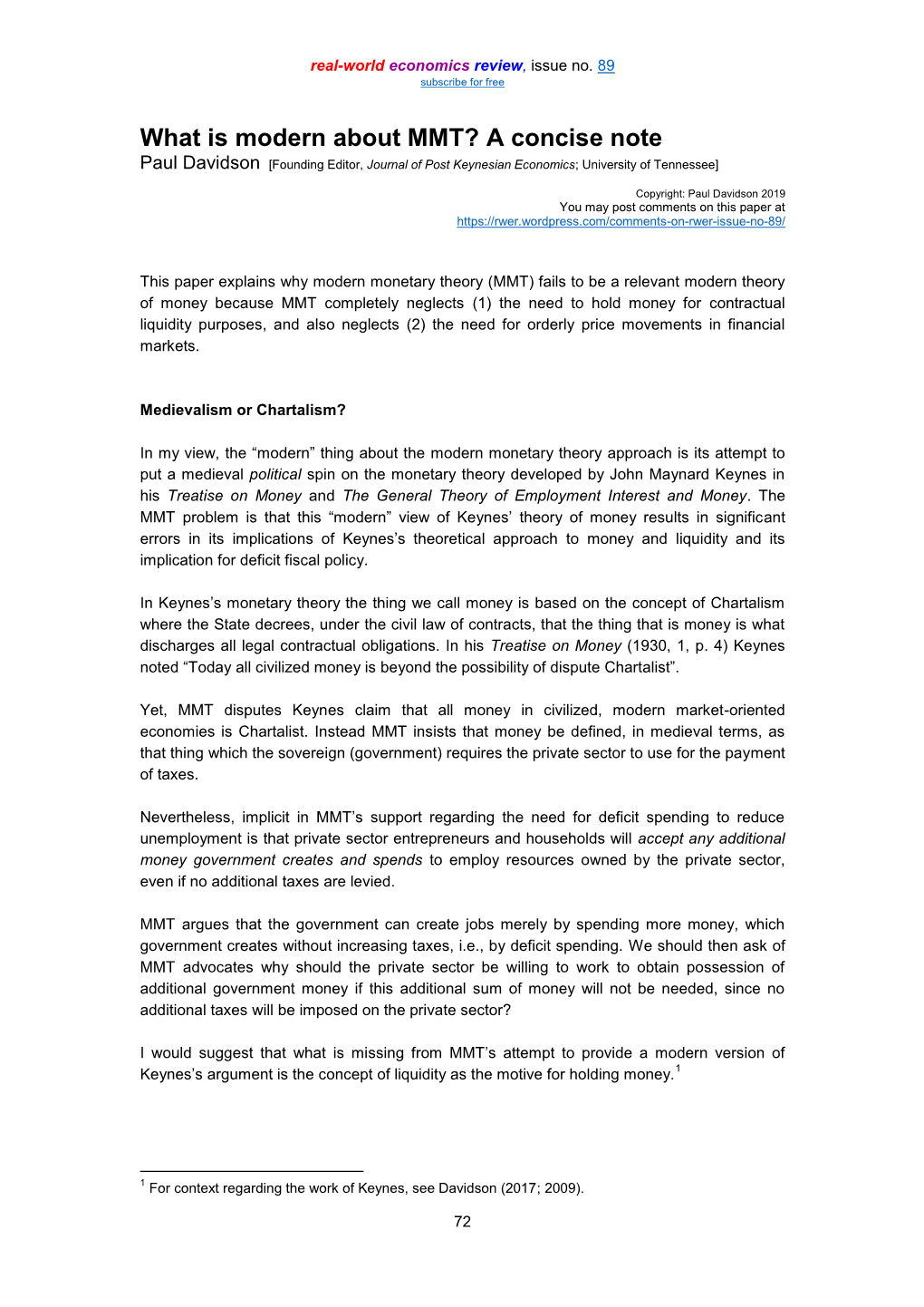 What Is Modern About MMT? a Concise Note Paul Davidson [Founding Editor, Journal of Post Keynesian Economics; University of Tennessee]