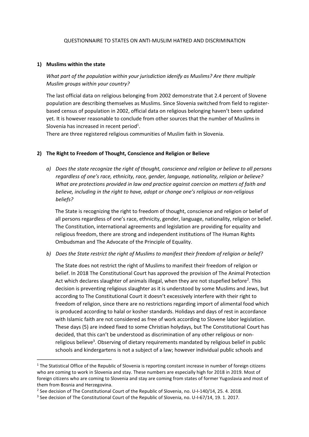 Questionnaire to States on Anti-Muslim Hatred and Discrimination