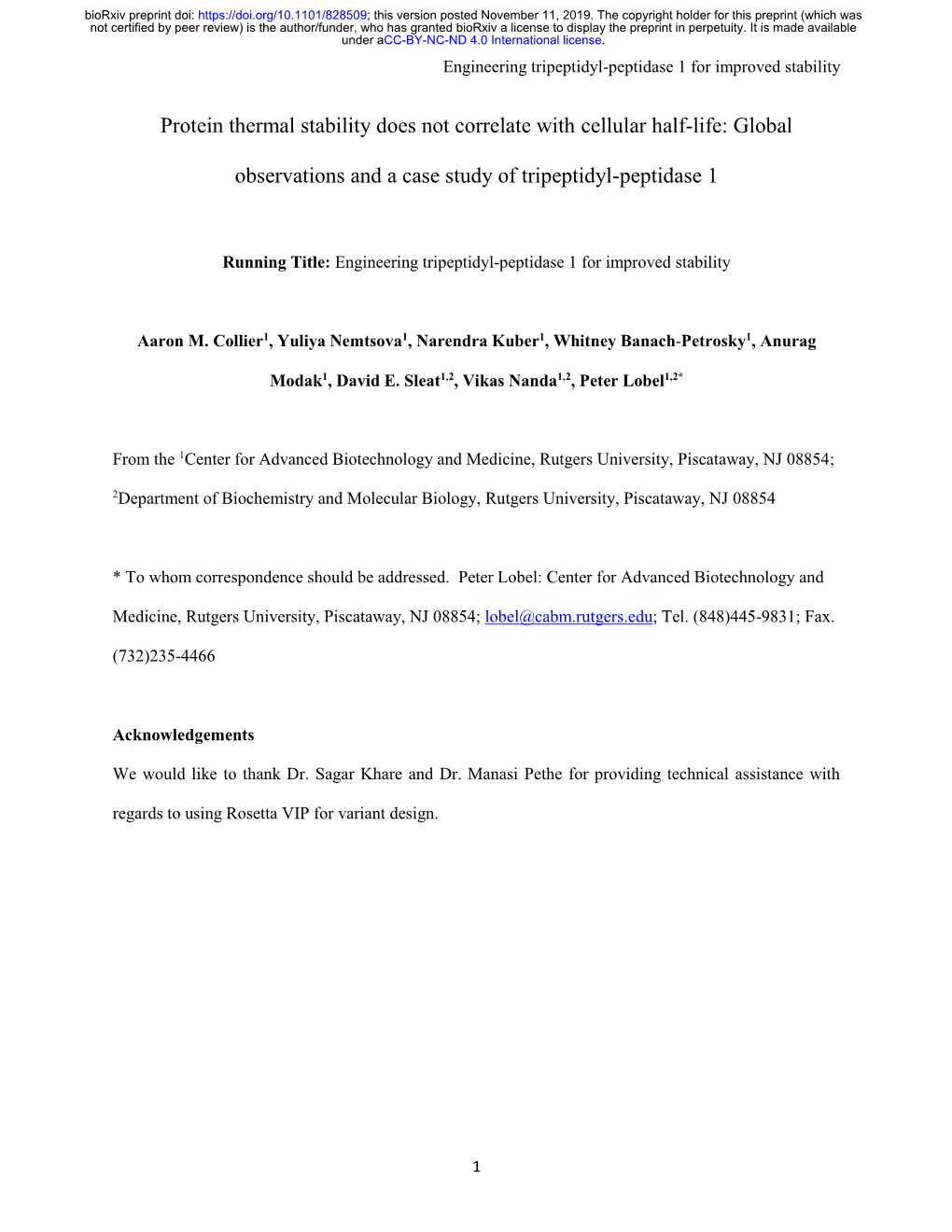 Protein Thermal Stability Does Not Correlate with Cellular Half-Life: Global