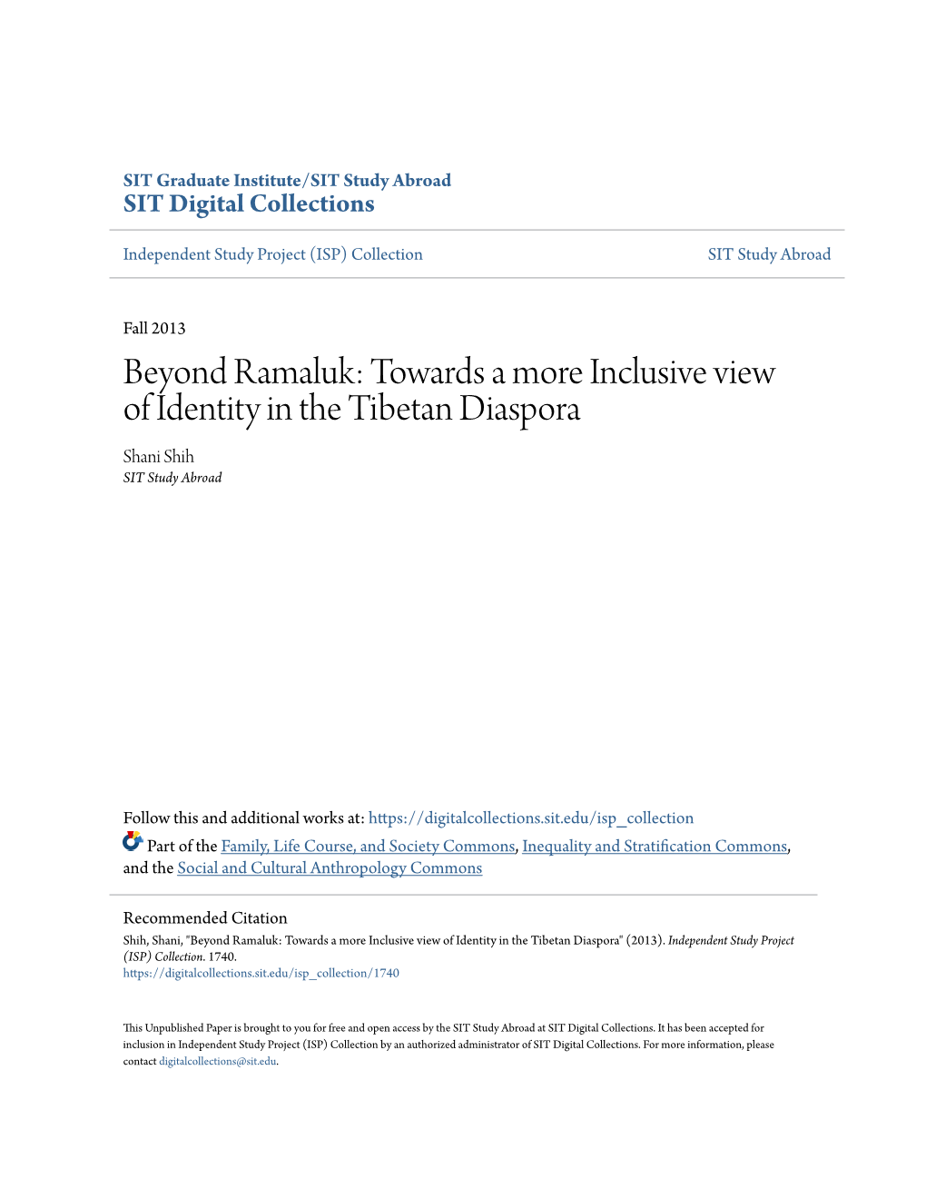 Towards a More Inclusive View of Identity in the Tibetan Diaspora Shani Shih SIT Study Abroad