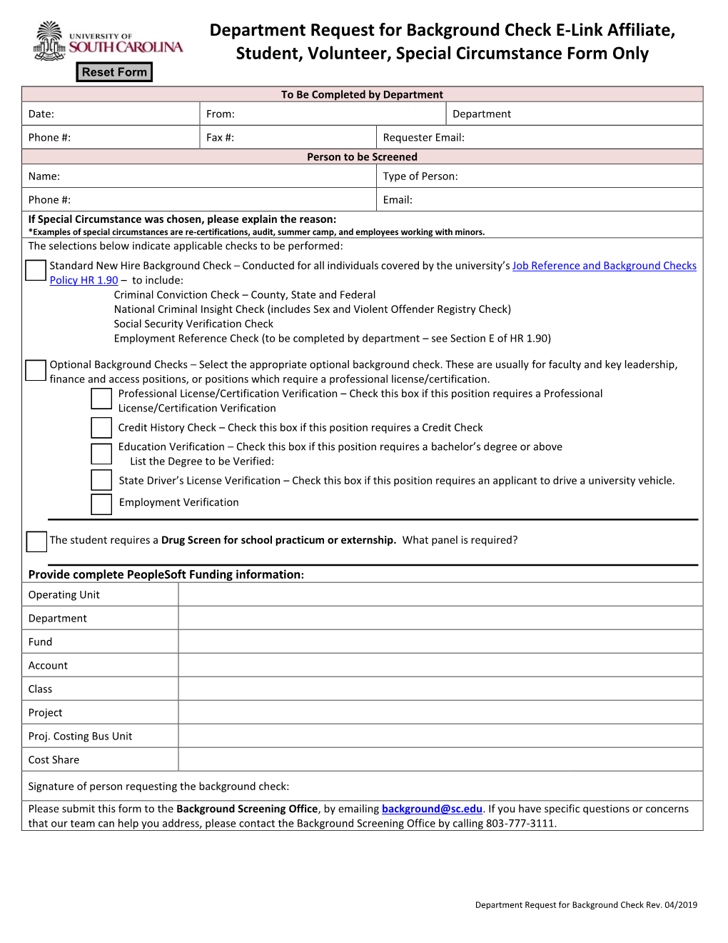 Department Request for Background Check E-Link Affiliate, Student, Volunteer, Special Circumstance Form Only