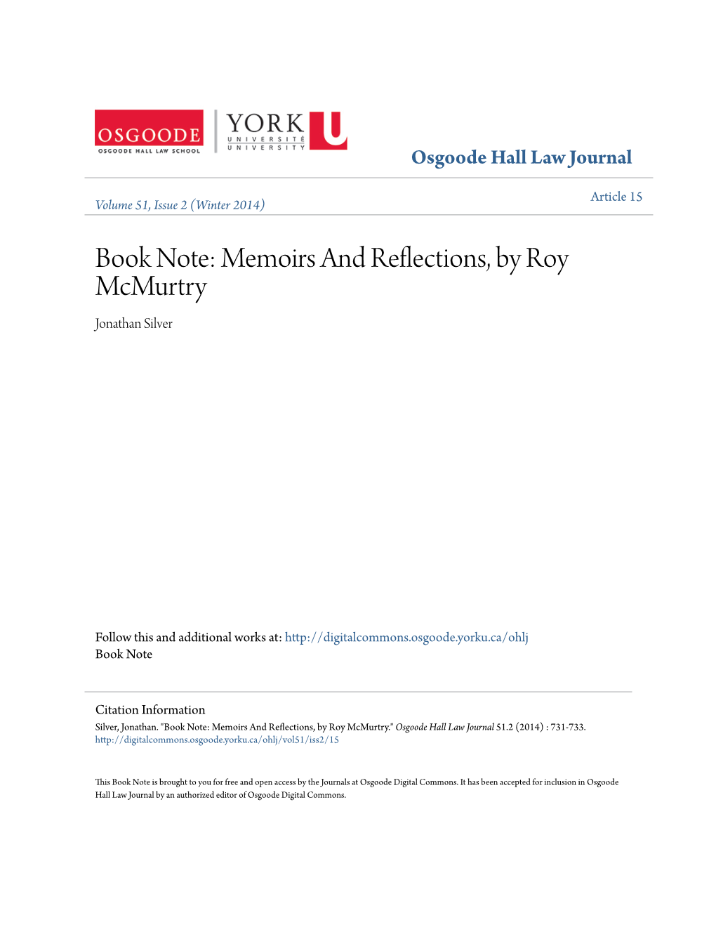 Book Note: Memoirs and Reflections, by Roy Mcmurtry Jonathan Silver