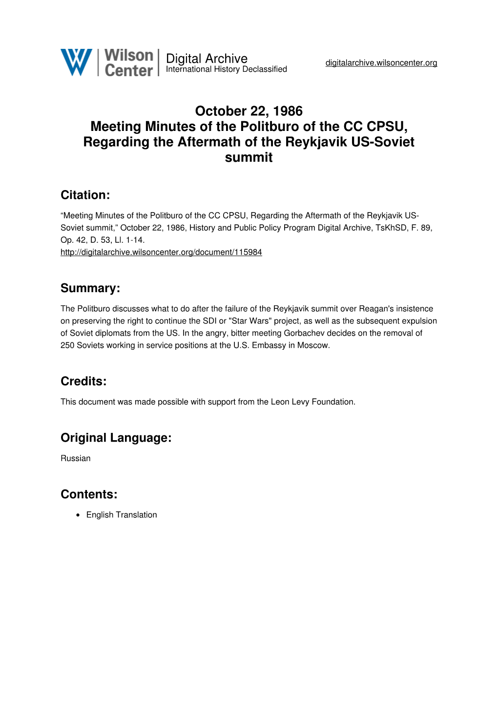 October 22, 1986 Meeting Minutes of the Politburo of the CC CPSU, Regarding the Aftermath of the Reykjavik US-Soviet Summit