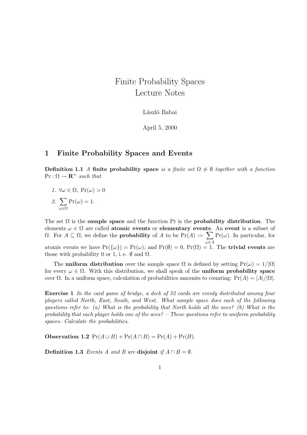Finite Probability Spaces Lecture Notes