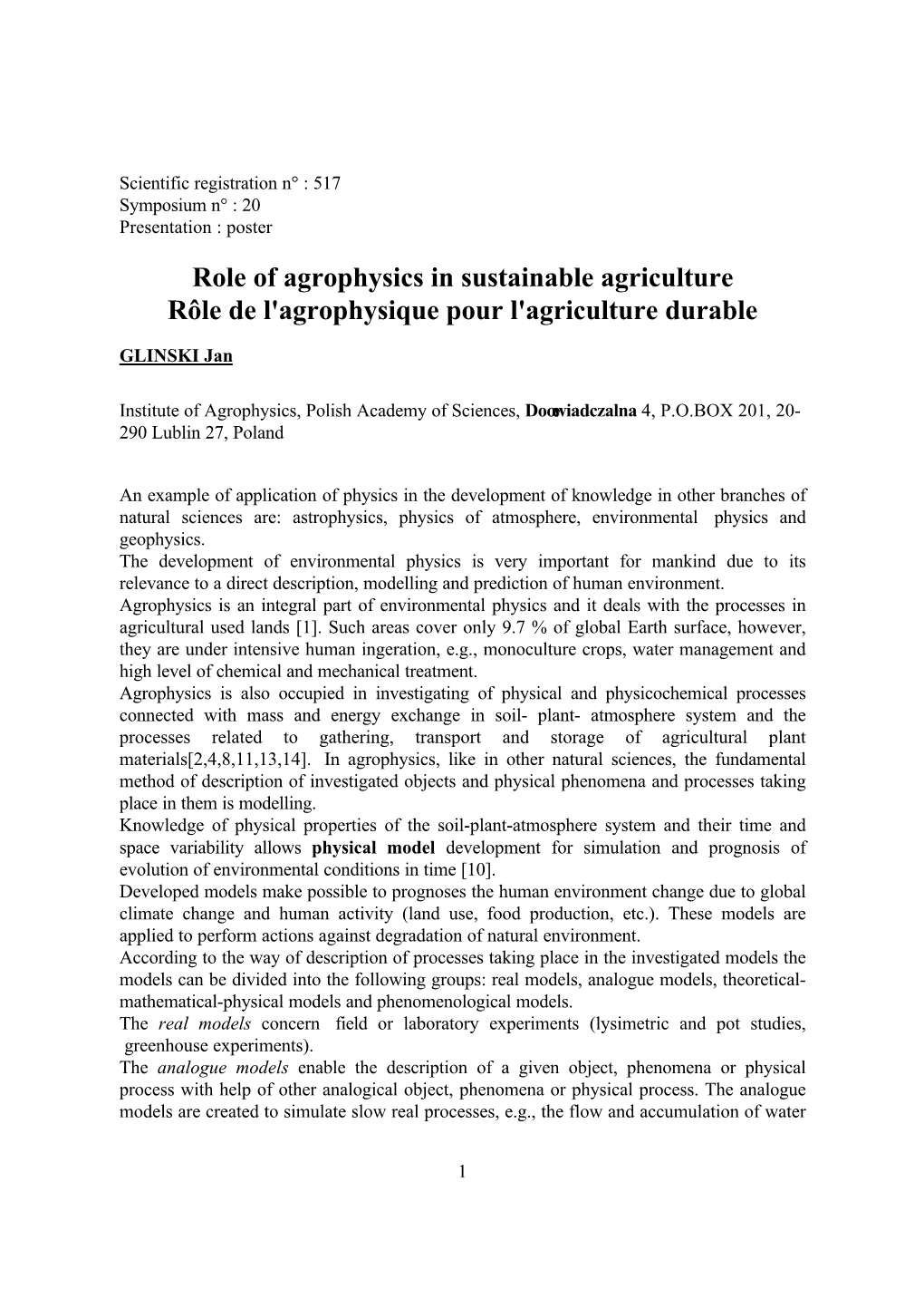 Role of Agrophysics in Sustainable Agriculture Rôle De L'agrophysique Pour L'agriculture Durable