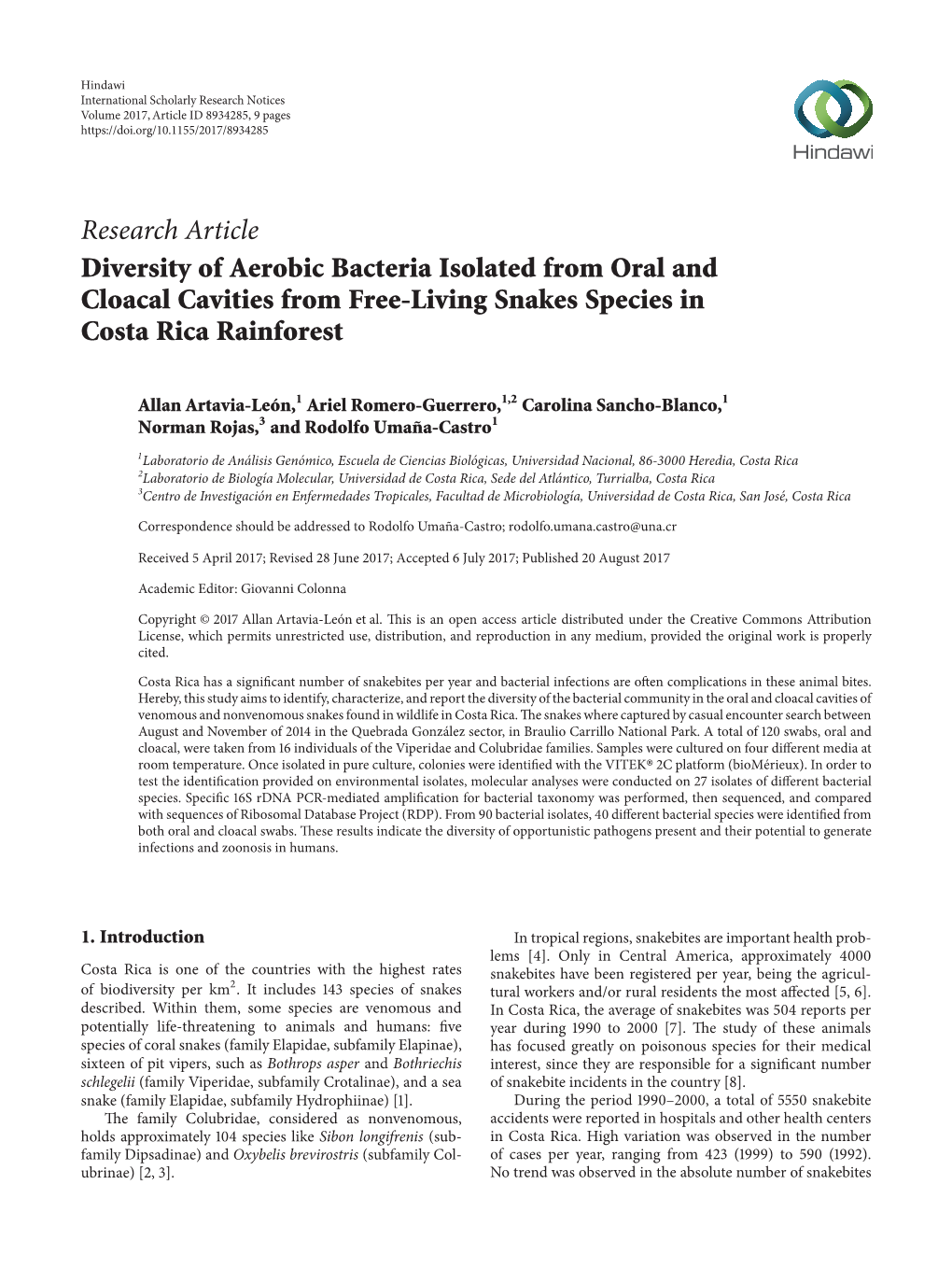 Diversity of Aerobic Bacteria Isolated from Oral and Cloacal Cavities from Free-Living Snakes Species in Costa Rica Rainforest