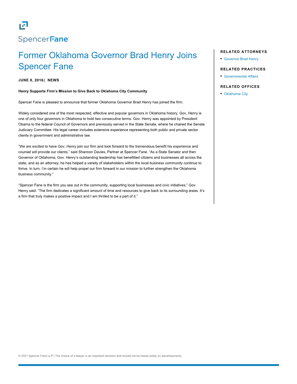 Former Oklahoma Governor Brad Henry Joins Spencer Fane