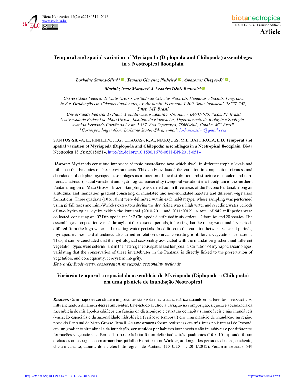 Temporal and Spatial Variation of Myriapoda (Diplopoda and Chilopoda) Assemblages in a Neotropical Floodplain