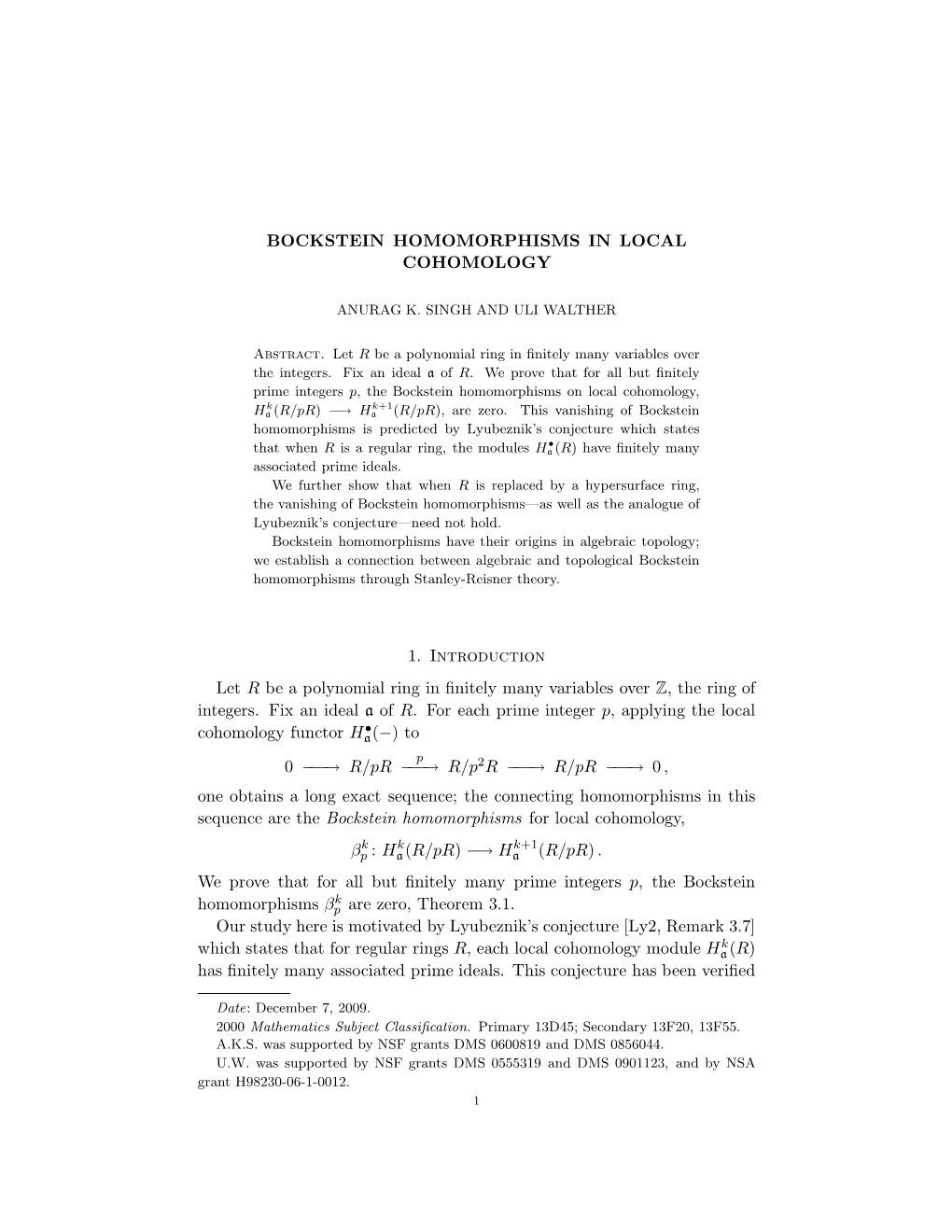 Bockstein Homomorphisms in Local Cohomology