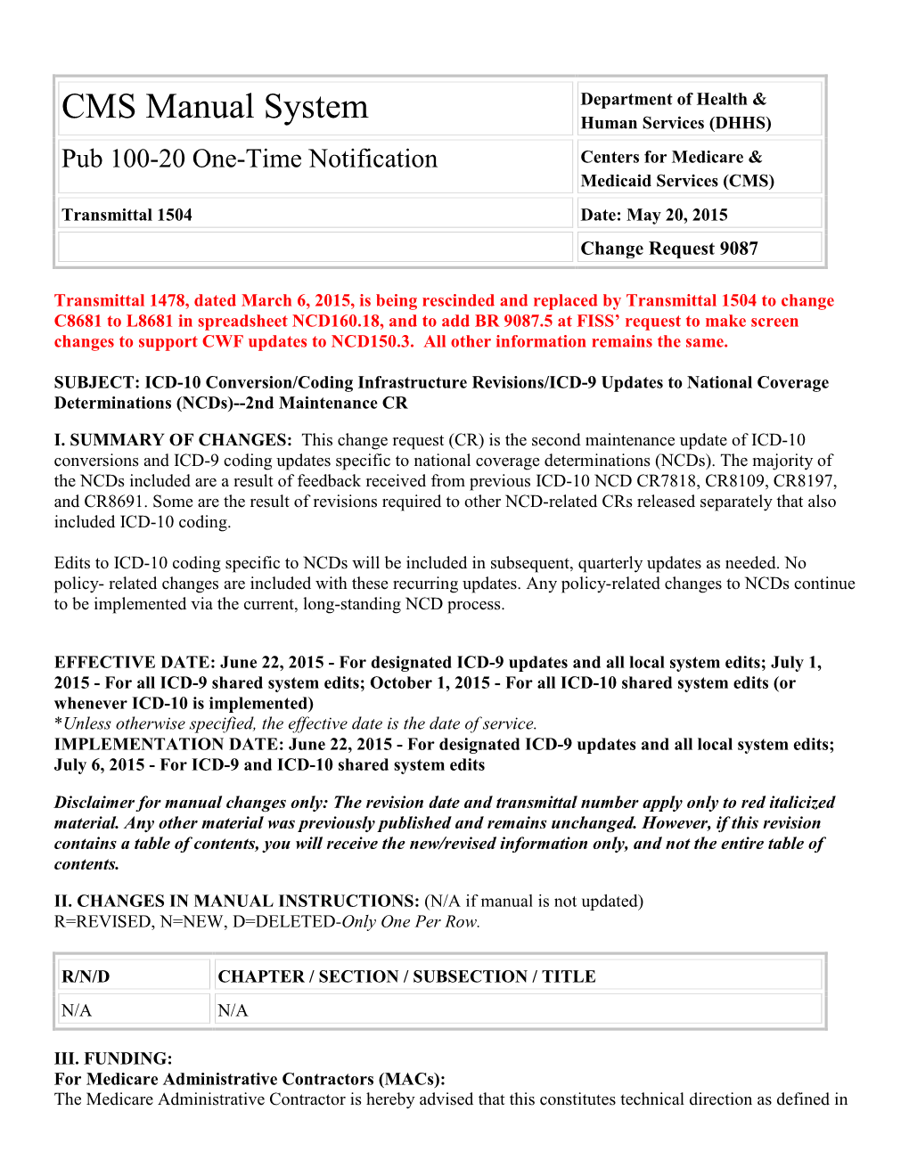 Pub 100-20 One-Time Notification Centers for Medicare & Medicaid Services (CMS) Transmittal 1504 Date: May 20, 2015 Change Request 9087