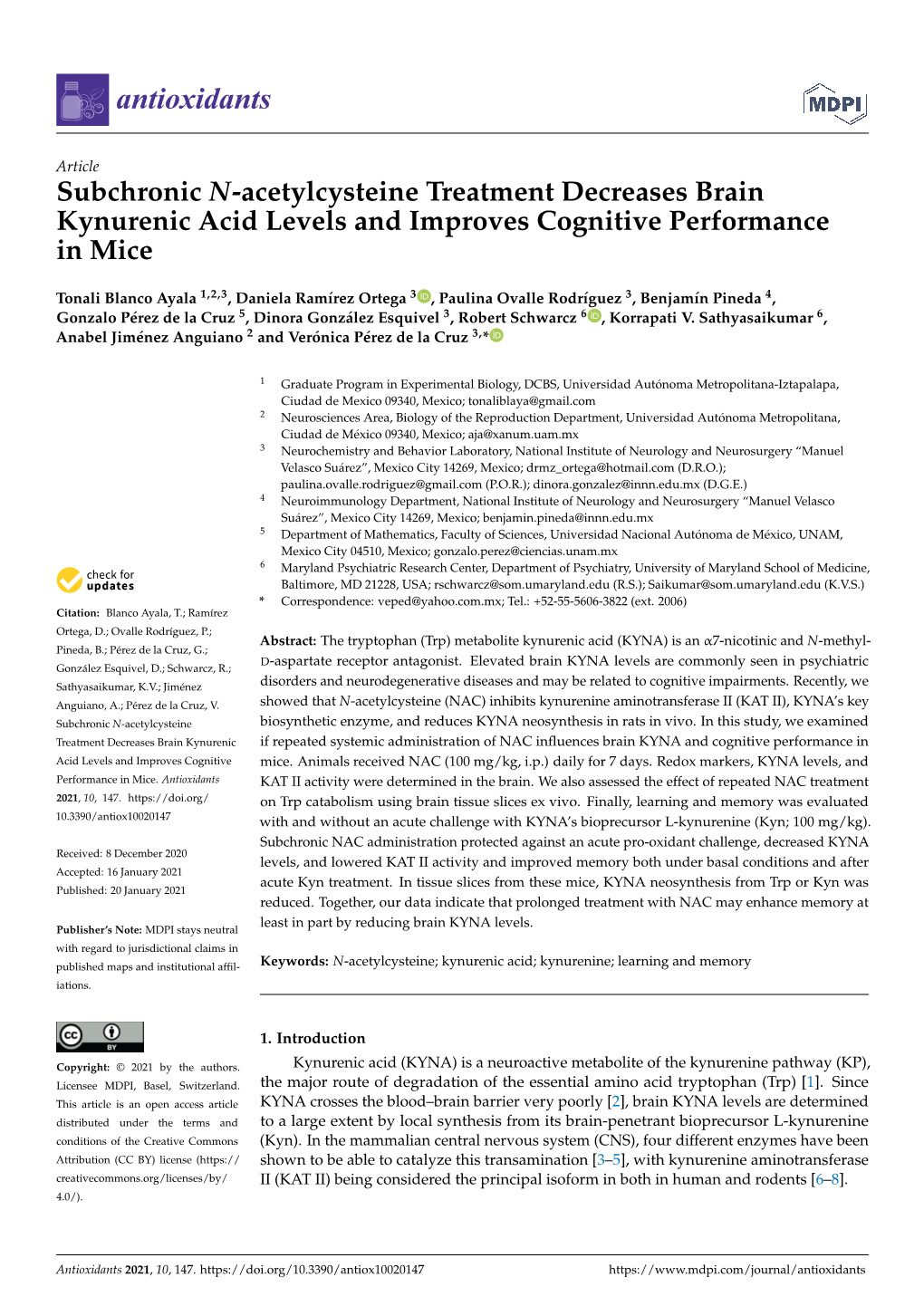 Subchronic N-Acetylcysteine Treatment Decreases Brain Kynurenic Acid Levels and Improves Cognitive Performance in Mice