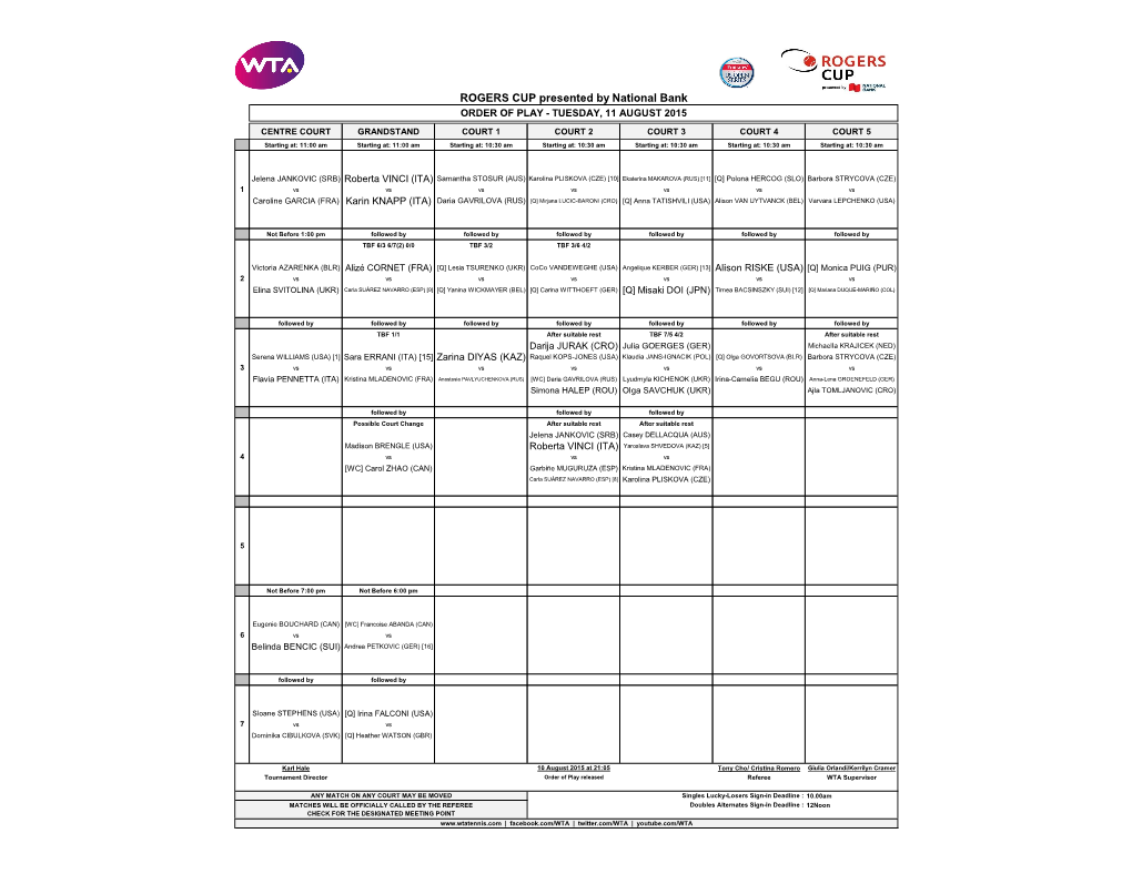 ROGERS CUP Presented by National Bank ORDER of PLAY - TUESDAY, 11 AUGUST 2015