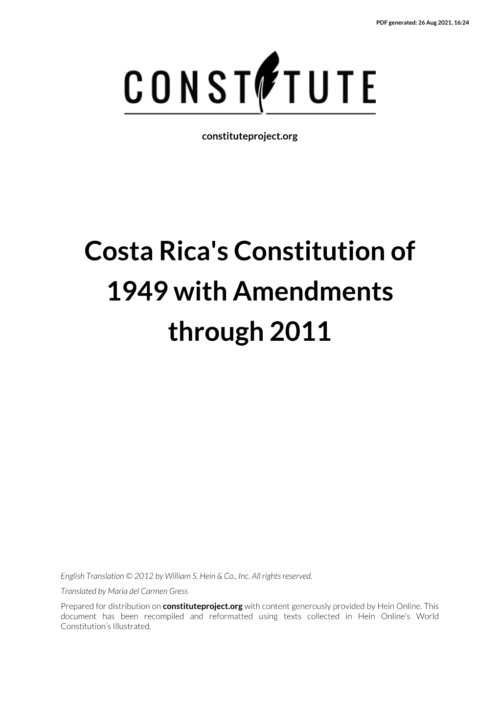 Costa Rica's Constitution of 1949 with Amendments Through 2011